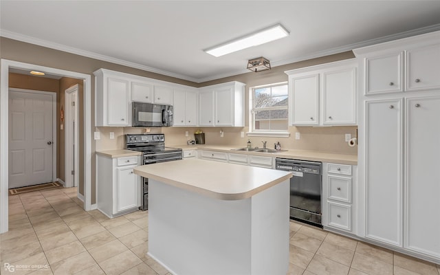 kitchen with light countertops, black appliances, white cabinetry, a sink, and light tile patterned flooring