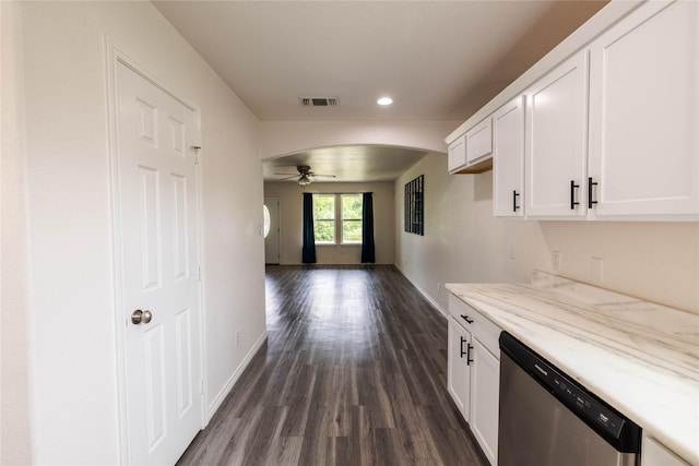kitchen featuring white cabinetry, visible vents, dark wood-style floors, dishwasher, and a ceiling fan