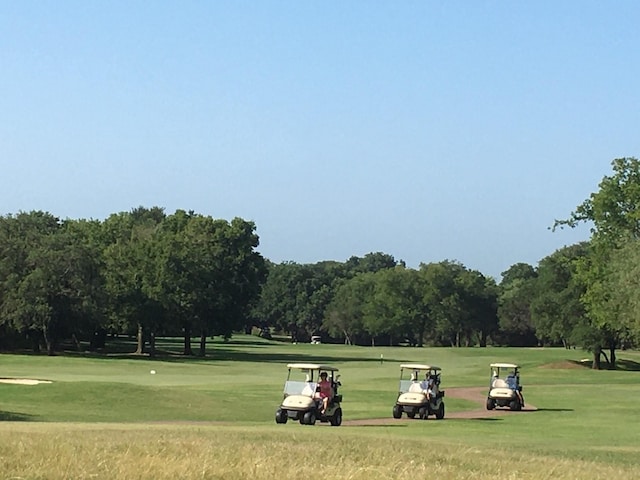 view of community with a lawn and golf course view