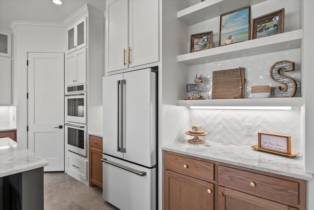 1024 Todd St, Caddo Mills, TX 75135 - kitchen featuring decorative backsplash, high quality fridge, glass insert cabinets, double oven, and open shelves