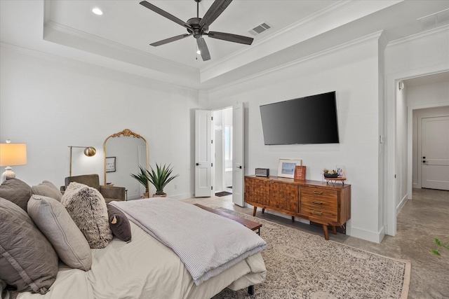 1024 Todd St, Caddo Mills, TX 75135 - bedroom featuring a tray ceiling, ornamental molding, visible vents, and baseboards