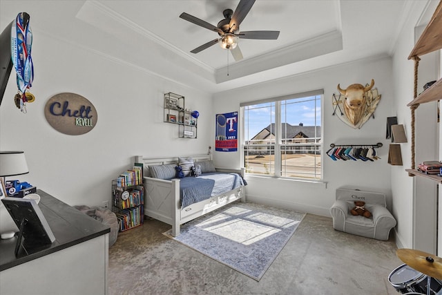 1024 Todd St, Caddo Mills, TX 75135 - bedroom with ornamental molding, a raised ceiling, a ceiling fan, and baseboards