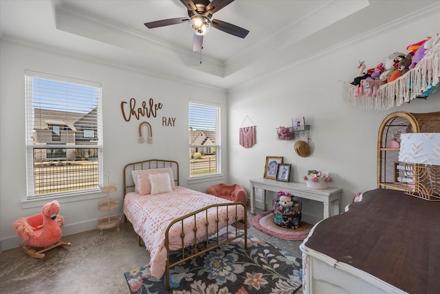 1024 Todd St, Caddo Mills, TX 75135 - carpeted bedroom featuring baseboards, a tray ceiling, ceiling fan, and crown molding