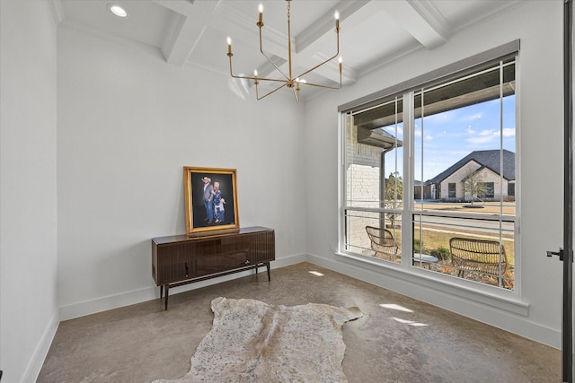 1024 Todd St, Caddo Mills, TX 75135 - sitting room with baseboards, coffered ceiling, beamed ceiling, an inviting chandelier, and concrete floors