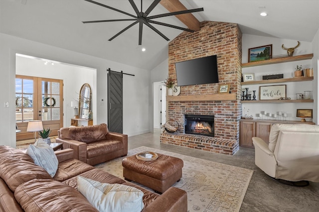 1024 Todd St, Caddo Mills, TX 75135 - living area with french doors, beam ceiling, a barn door, a brick fireplace, and high vaulted ceiling