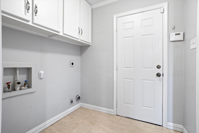 washroom featuring washer hookup, hookup for an electric dryer, cabinet space, and baseboards