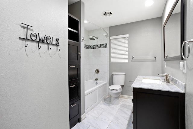 bathroom with visible vents, toilet, marble finish floor, vanity, and shower / washtub combination