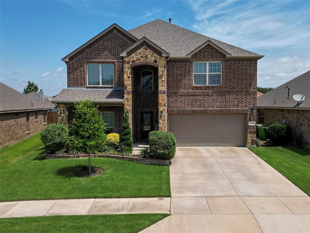 1009 Lake Forest Trl, Little Elm, TX 75068 - traditional-style house with brick siding, an attached garage, a shingled roof, and driveway