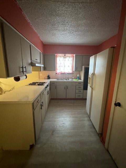 kitchen featuring light countertops, freestanding refrigerator, a sink, gas cooktop, and under cabinet range hood