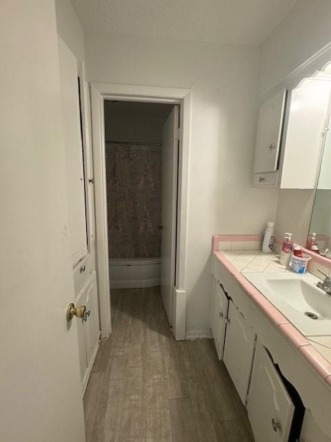 bathroom featuring a shower with shower curtain, wood finished floors, and vanity