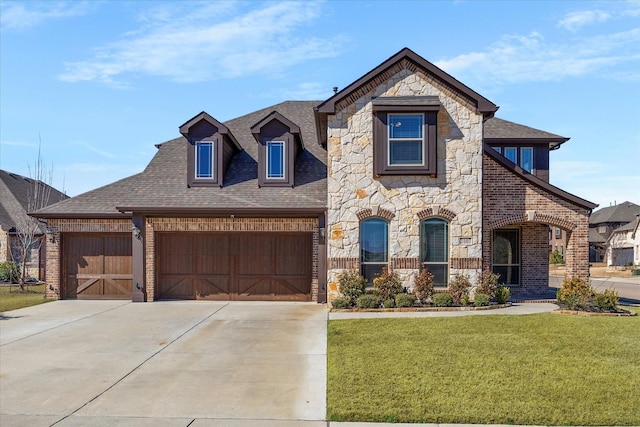 french country style house with a garage, brick siding, concrete driveway, stone siding, and a front yard