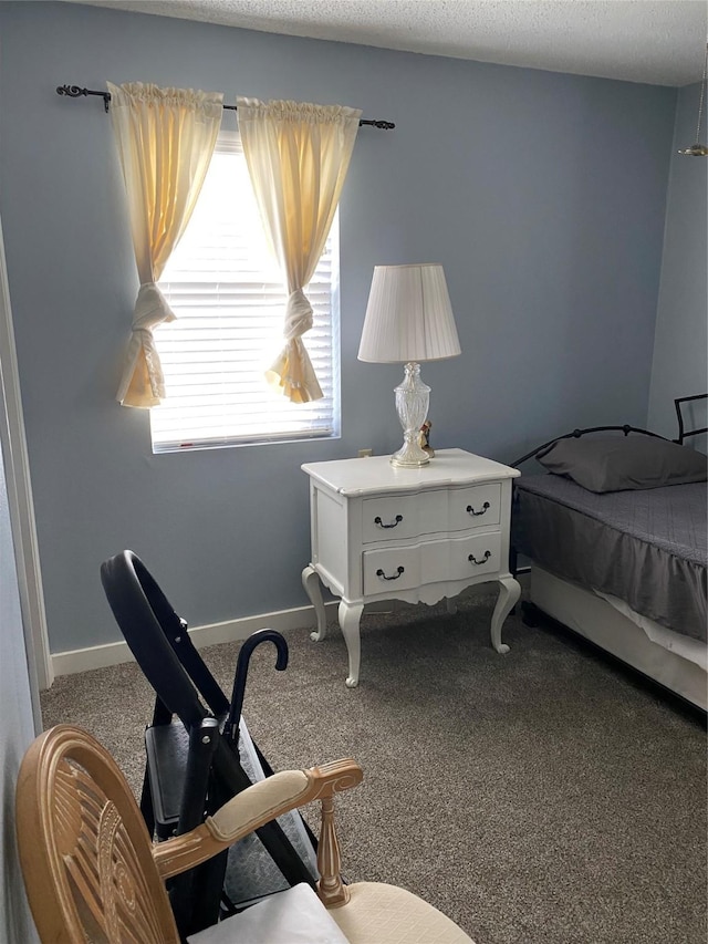 bedroom with a textured ceiling, carpet, and baseboards