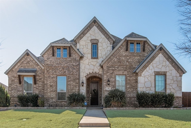 french provincial home featuring stone siding, brick siding, and a front lawn