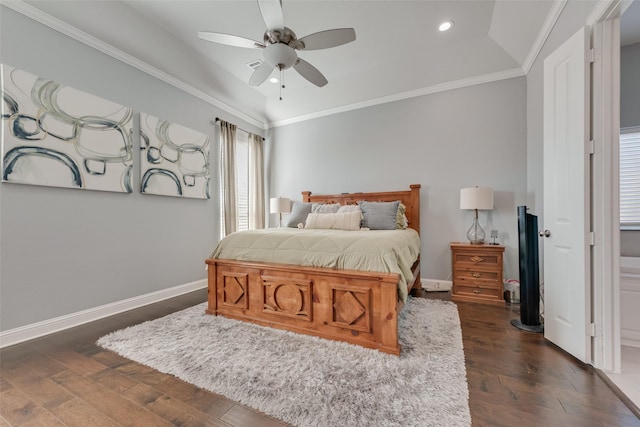 bedroom featuring dark wood-type flooring, vaulted ceiling, ornamental molding, and baseboards