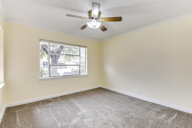 unfurnished room featuring a textured ceiling, ceiling fan, ornamental molding, and carpet