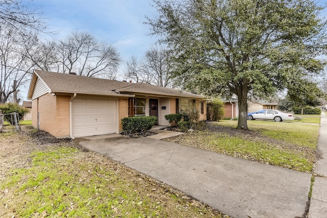 ranch-style house with an attached garage, driveway, a front lawn, and brick siding