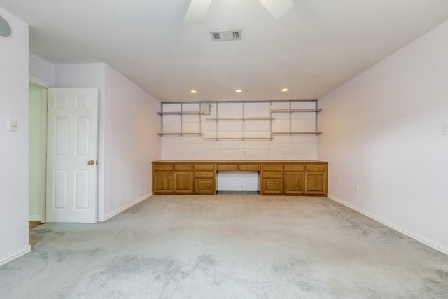 interior space with recessed lighting, visible vents, ceiling fan, and baseboards