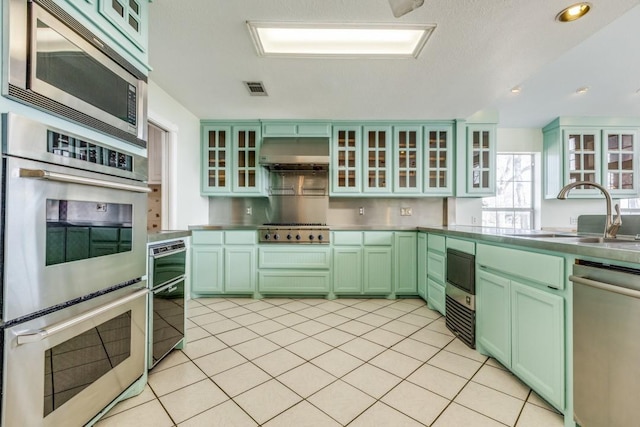 11484 Moran Rd, Azle, TX 76020 - kitchen featuring appliances with stainless steel finishes, a sink, green cabinets, stainless steel counters, and range hood