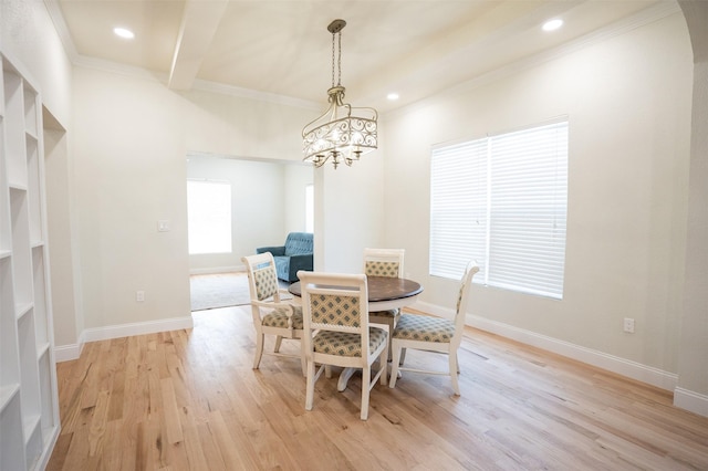 dining room with baseboards, beamed ceiling, recessed lighting, and light wood-style floors