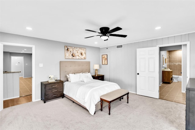 bedroom with carpet, visible vents, a ceiling fan, and recessed lighting