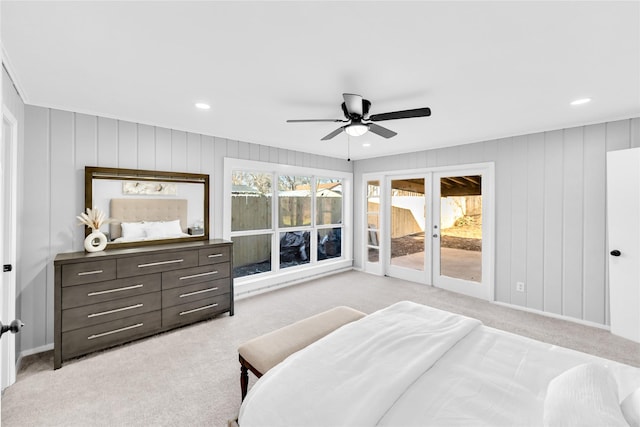 bedroom with recessed lighting, access to outside, a ceiling fan, and light colored carpet