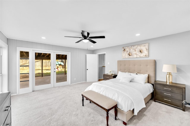 bedroom featuring a ceiling fan, access to exterior, french doors, carpet floors, and recessed lighting