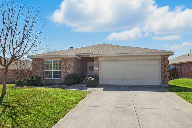 ranch-style house with brick siding, a front lawn, concrete driveway, roof with shingles, and a garage