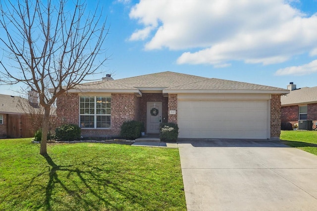 ranch-style house with brick siding, a front lawn, concrete driveway, cooling unit, and a garage