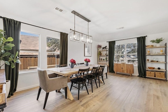 dining room featuring light wood finished floors, plenty of natural light, and visible vents