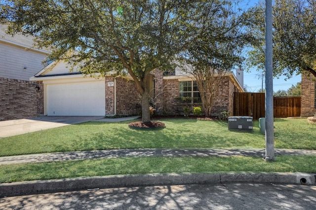 ranch-style home featuring brick siding, concrete driveway, fence, a garage, and a front lawn