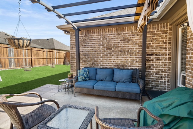 view of patio with fence, an outdoor living space, and a pergola