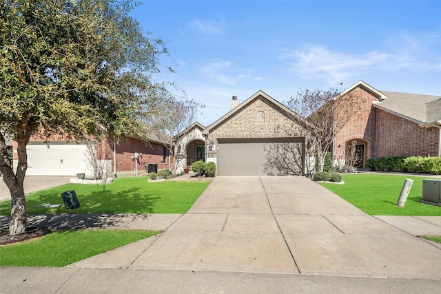 view of front facade featuring a garage, brick siding, concrete driveway, a front lawn, and a chimney