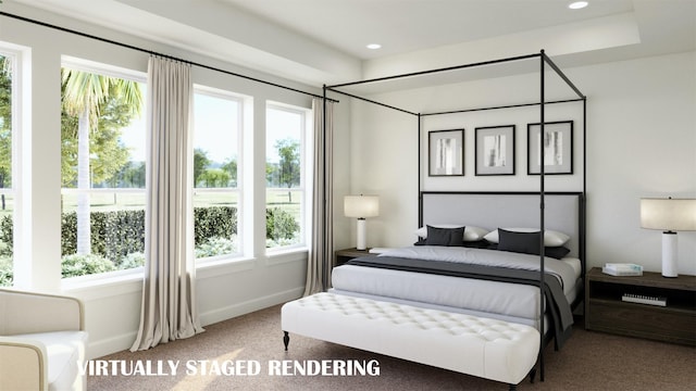 bedroom featuring carpet, multiple windows, baseboards, and recessed lighting