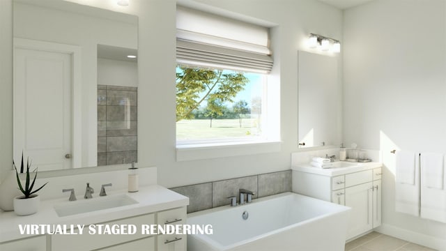 bathroom with a freestanding bath, a sink, two vanities, and tile patterned flooring