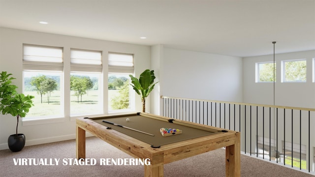 rec room with plenty of natural light, carpet flooring, and pool table