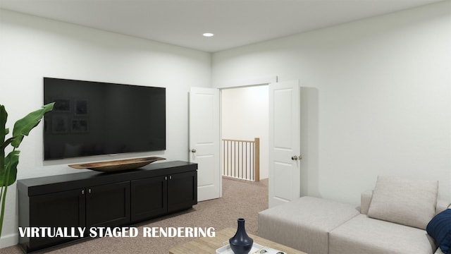 living room featuring recessed lighting and light colored carpet