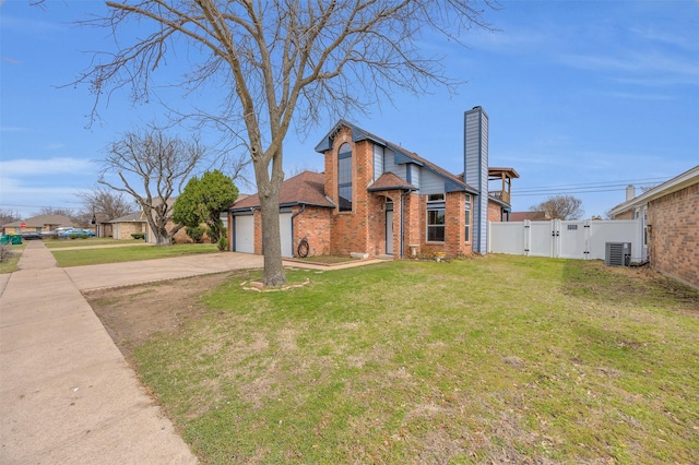 view of front of property featuring driveway, a garage, a gate, cooling unit, and brick siding