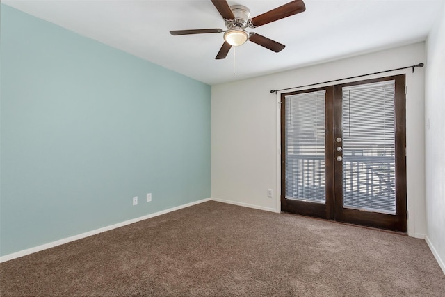 unfurnished room featuring ceiling fan, carpet floors, french doors, and baseboards