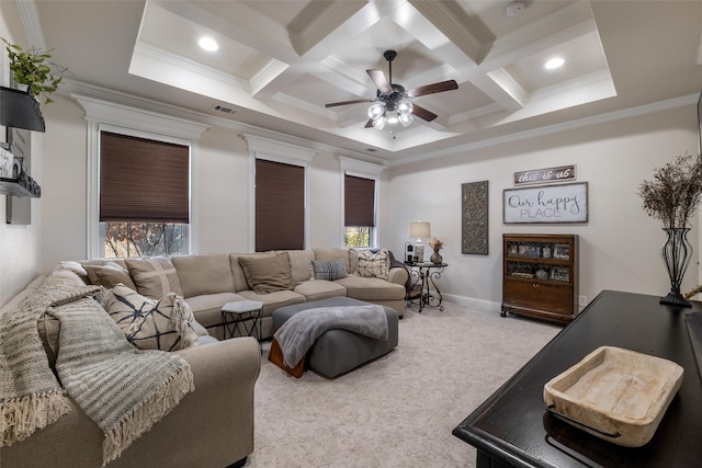 carpeted living room featuring beamed ceiling, coffered ceiling, and crown molding