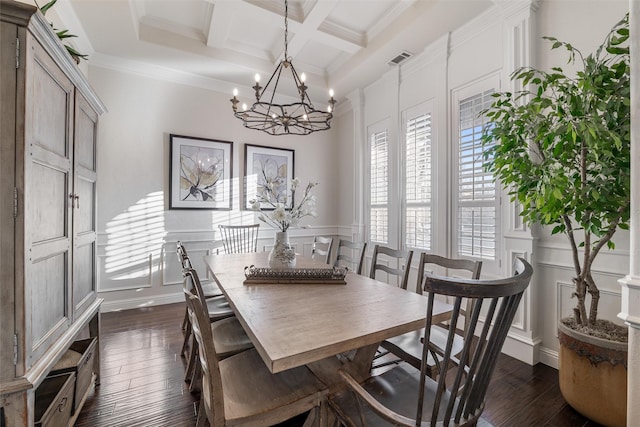 dining area with coffered ceiling, visible vents, a decorative wall, and dark wood-type flooring