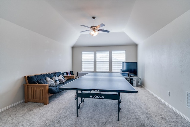 playroom featuring lofted ceiling, ceiling fan, carpet, and baseboards