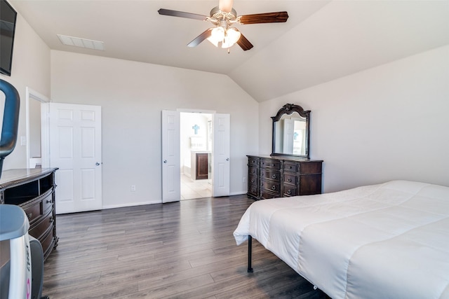 bedroom featuring dark wood-style floors, visible vents, vaulted ceiling, ceiling fan, and baseboards