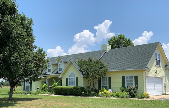 cape cod house with a chimney, concrete driveway, roof with shingles, and a front yard