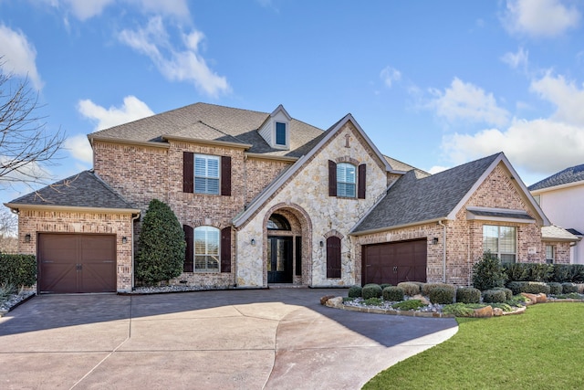 french country inspired facade featuring a garage, brick siding, and driveway