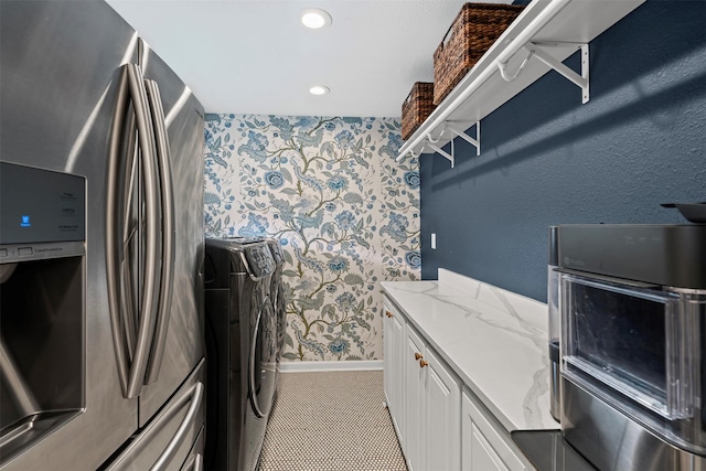 laundry room featuring wallpapered walls, laundry area, baseboards, tile patterned floors, and recessed lighting