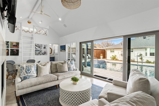 living room featuring a ceiling fan, high vaulted ceiling, beamed ceiling, and recessed lighting