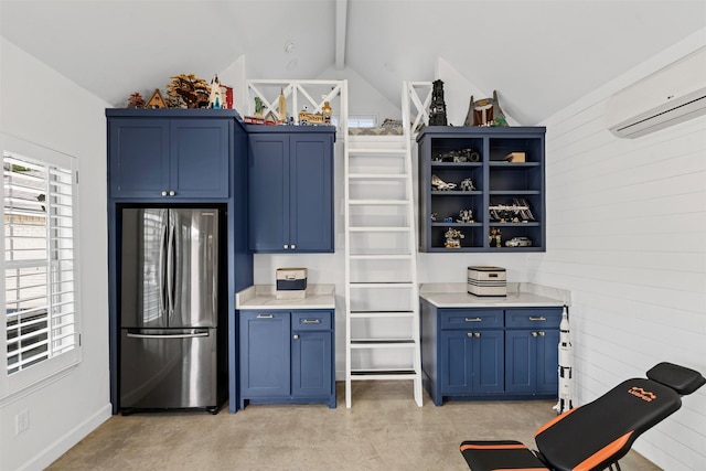 bar with finished concrete flooring, lofted ceiling with beams, freestanding refrigerator, an AC wall unit, and baseboards