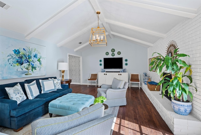 living area with vaulted ceiling with beams, a notable chandelier, visible vents, wood finished floors, and baseboards