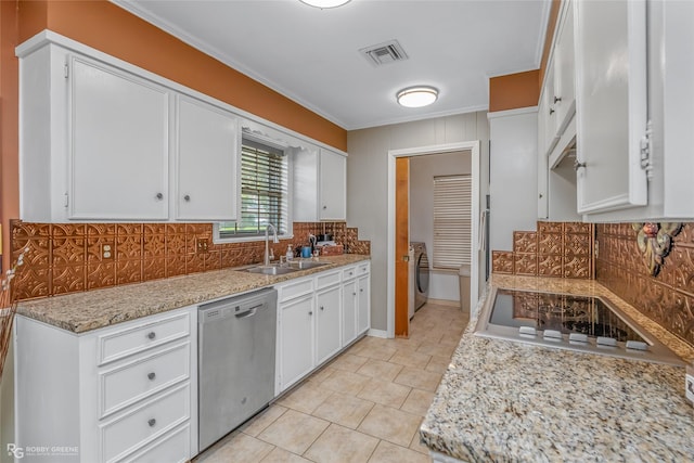 kitchen with visible vents, white cabinets, dishwasher, white electric cooktop, and a sink