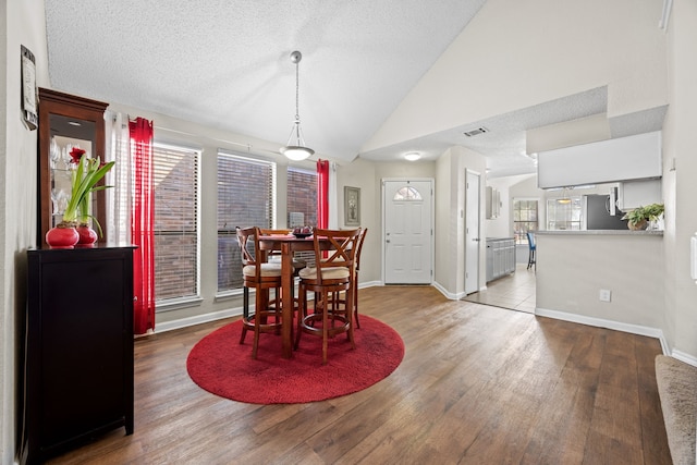 dining room with a textured ceiling, wood finished floors, and a healthy amount of sunlight